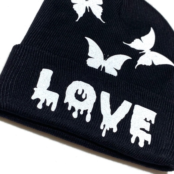 Winter Skully Beanie Hat With Love and Butterflies - Picture 5 of 7